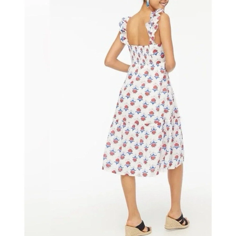 J.CREW‎ Midi Dress Size 14 White Floral Ruffle Sleeve Smocked Cotton Red Blue